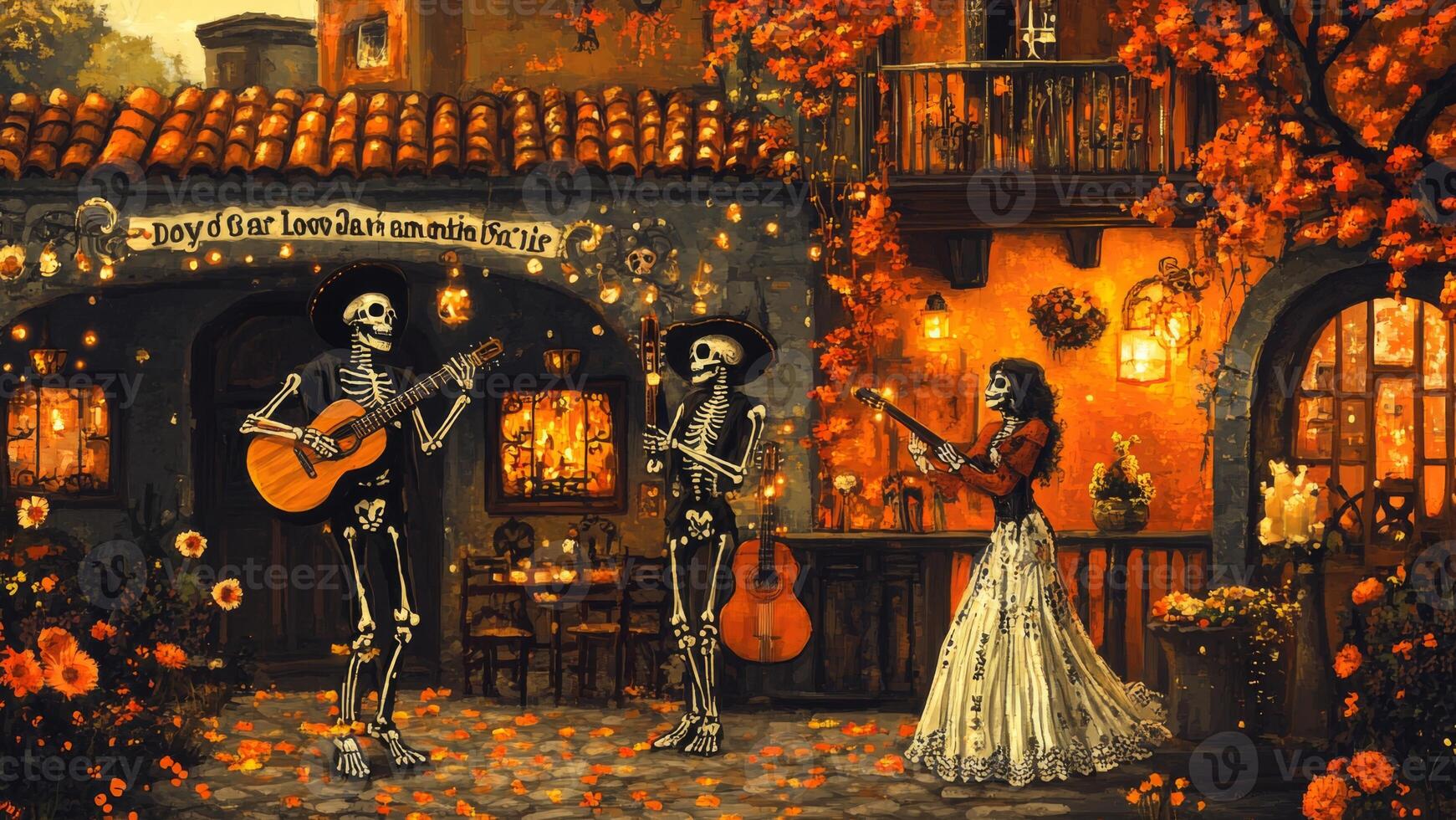 Skeleton Musicians Performing in a Festive Day of the Dead Setting photo