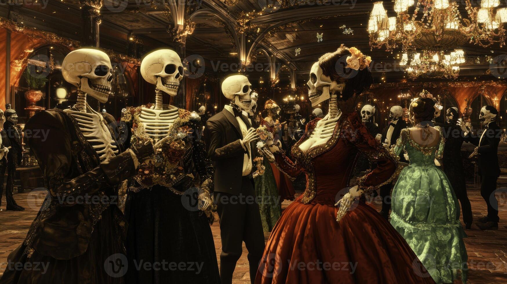 Skeletons Dancing at a Formal Ball in an Ornate Hall photo