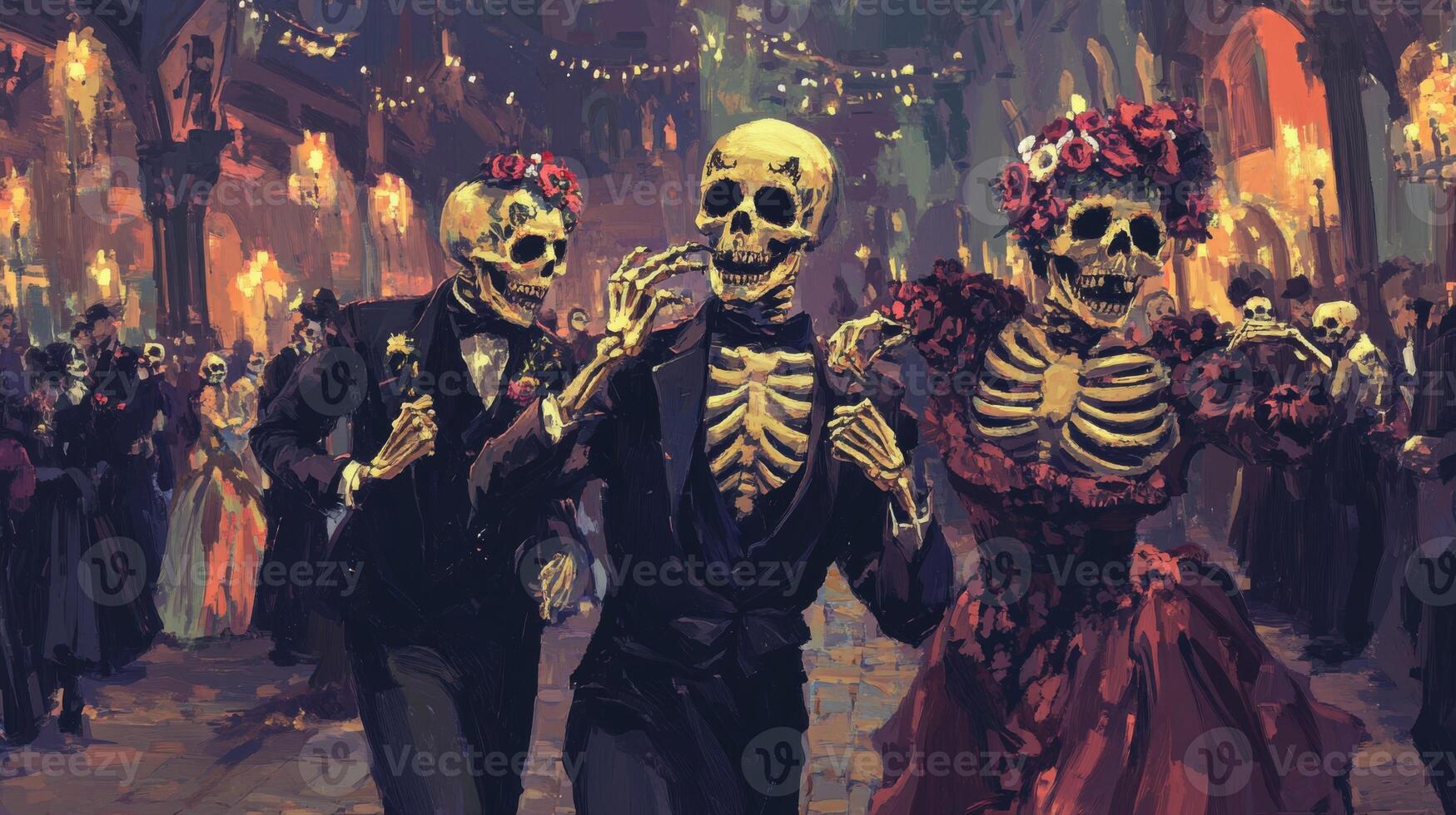 Three Skeletons Dressed in Formal Attire at a Ball photo