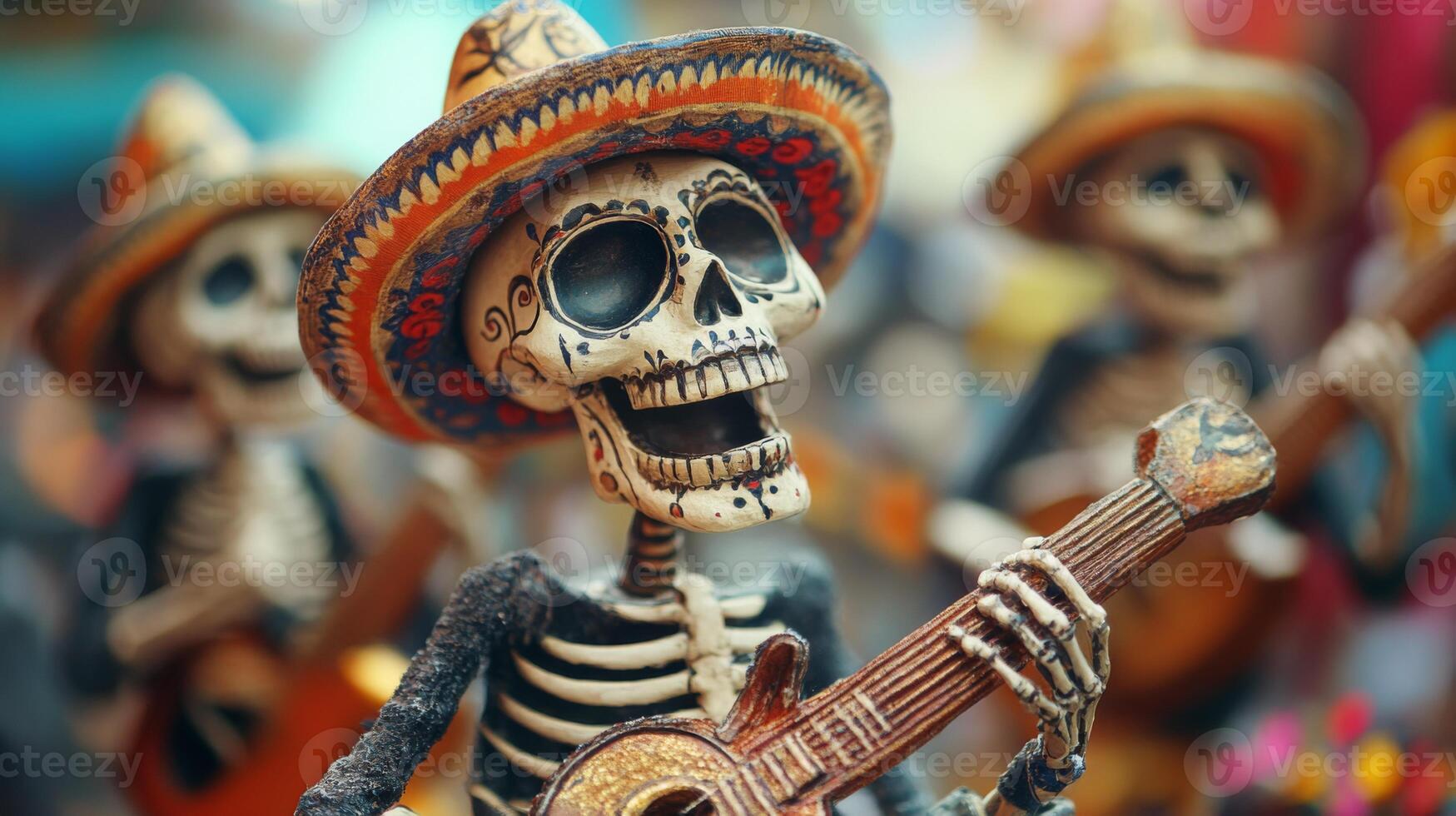 A Smiling Skeleton Wearing a Sombrero Plays a Guitar photo