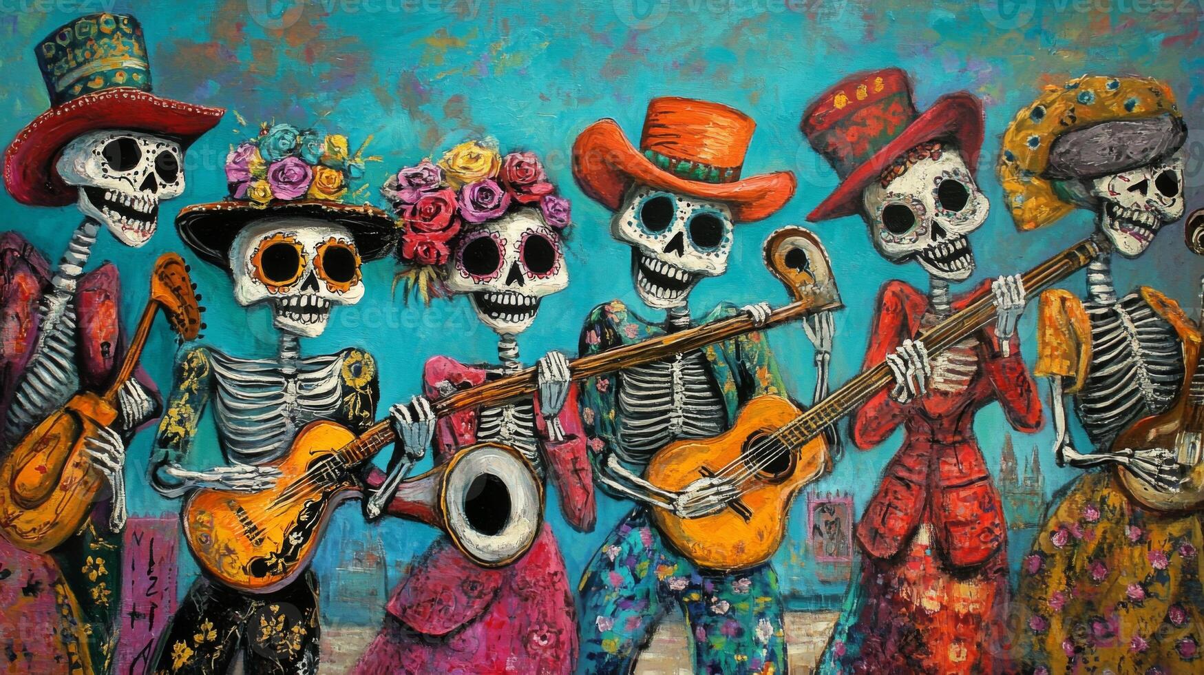 A Band of Skeletons Playing Instruments in Colorful Attire photo