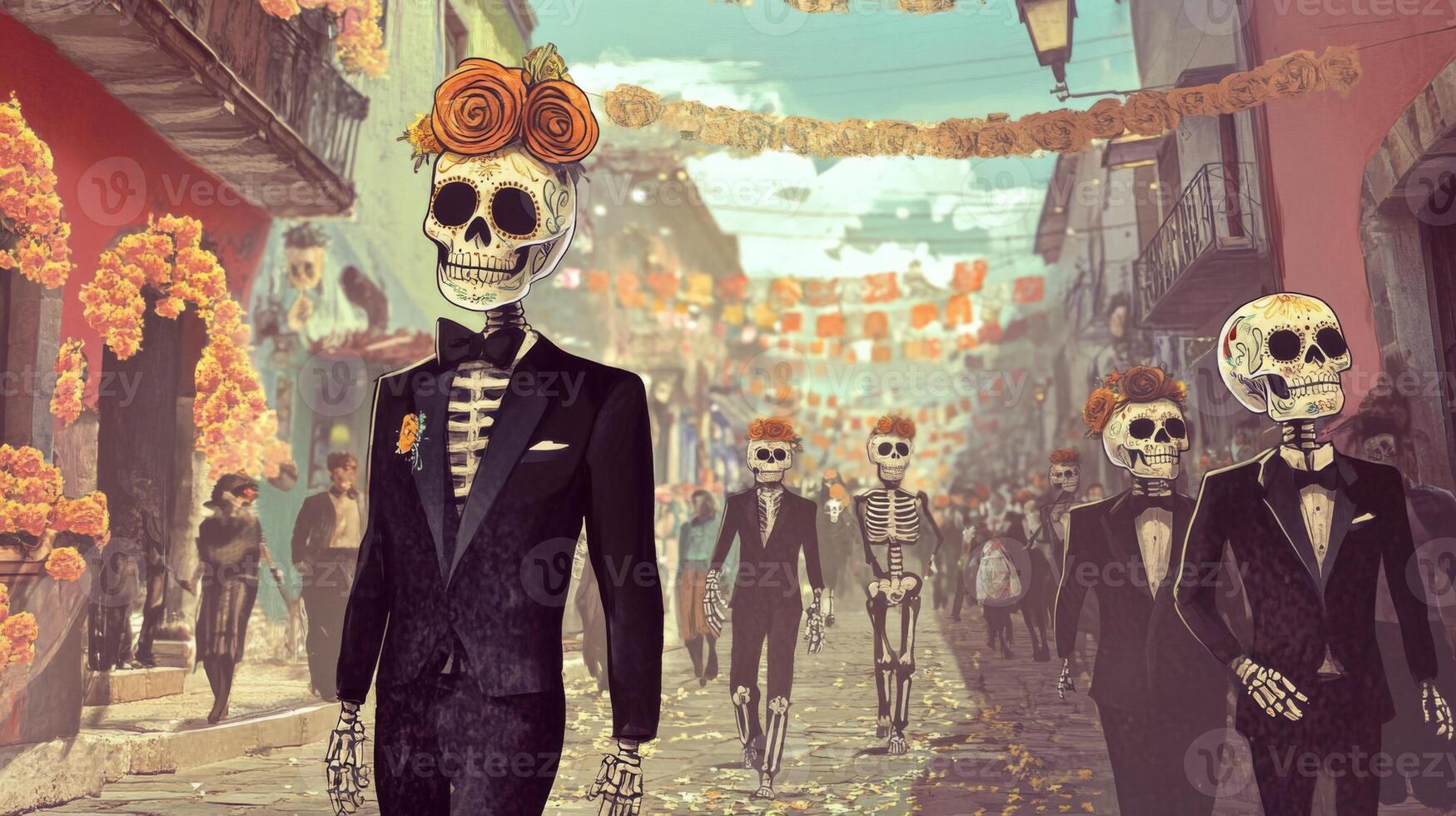 Skeletons in Suits Walking Down a Street During Day of the Dead photo