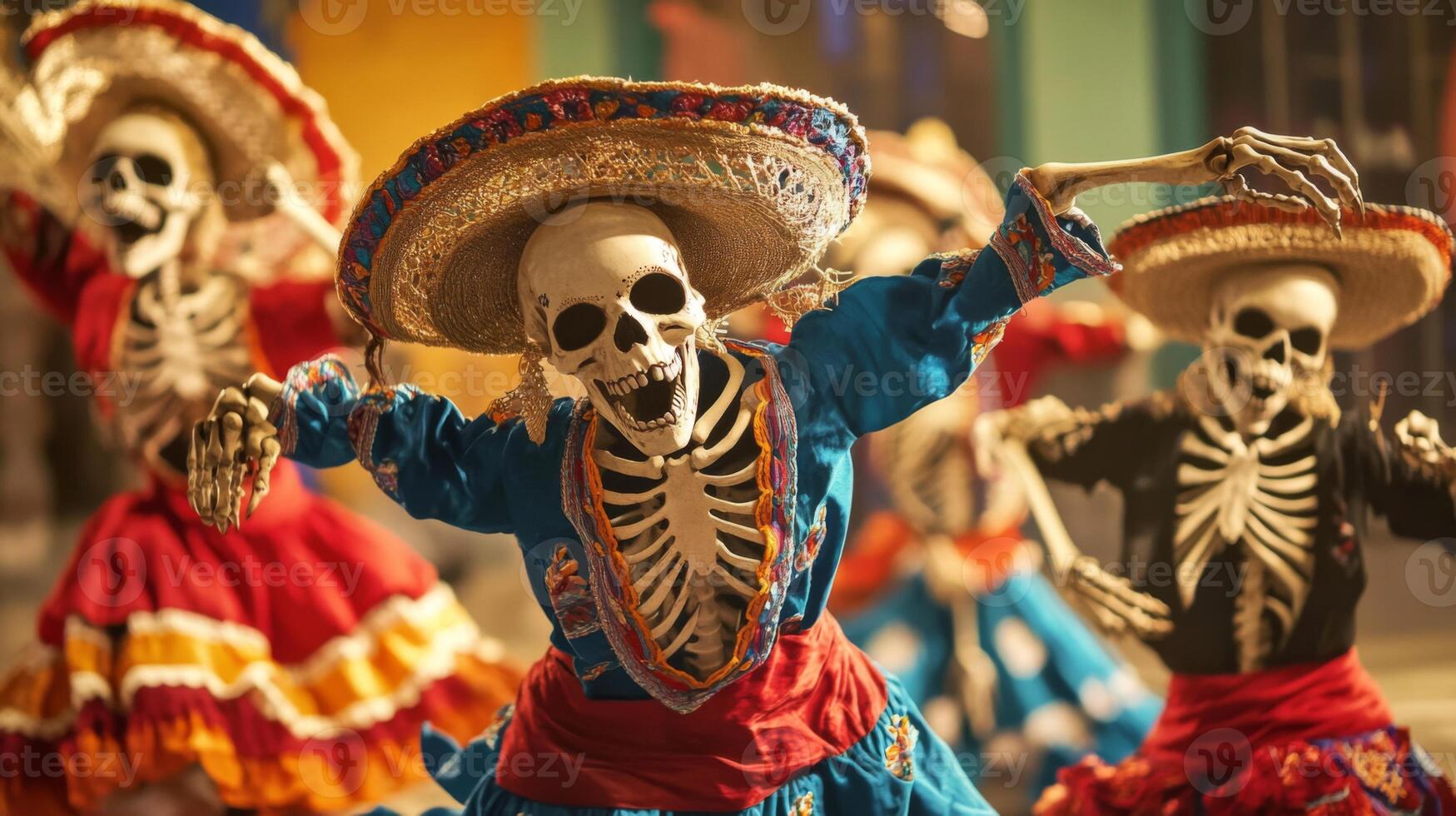 Skeleton in Sombrero Dancing in Traditional Dress photo