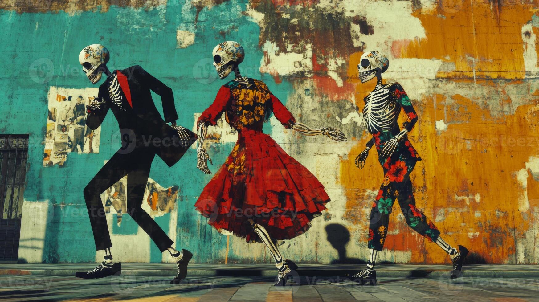 Three Skeletons Walking Down a Street with a Colorful Wall Behind Them photo