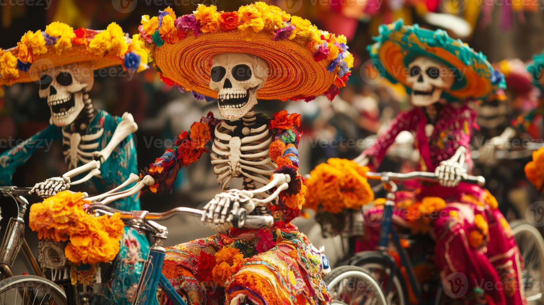 Skeletons Dressed in Colorful Clothing Ride Bicycles During a Day of the Dead Celebration photo