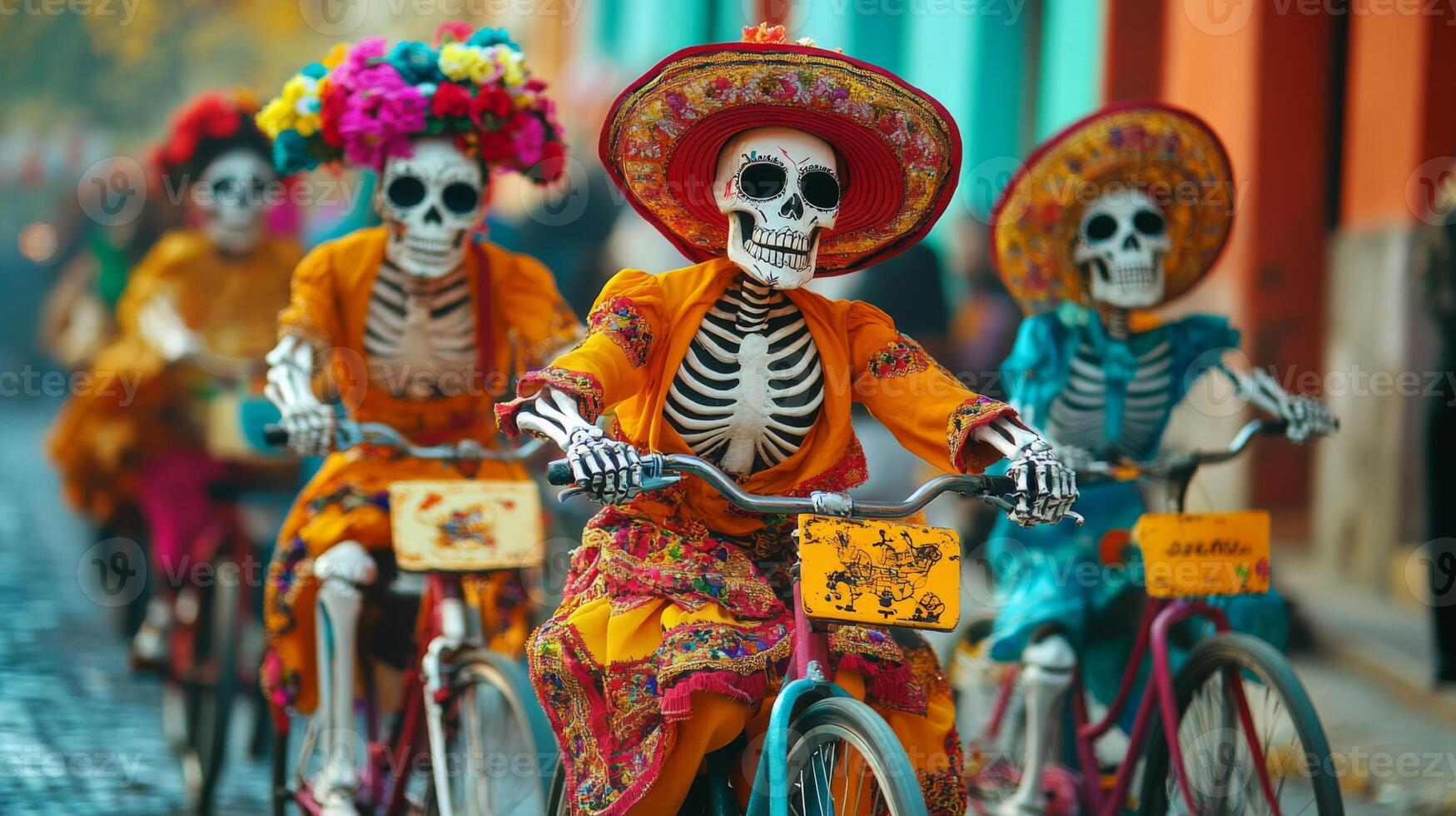 Skeletons Riding Bicycles in Colorful Costumes During Day of the Dead Celebration photo