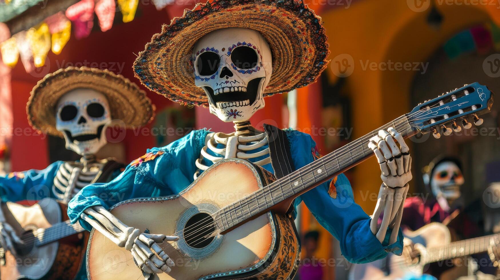 Skeleton in a Sombrero Playing Guitar During Day of the Dead photo