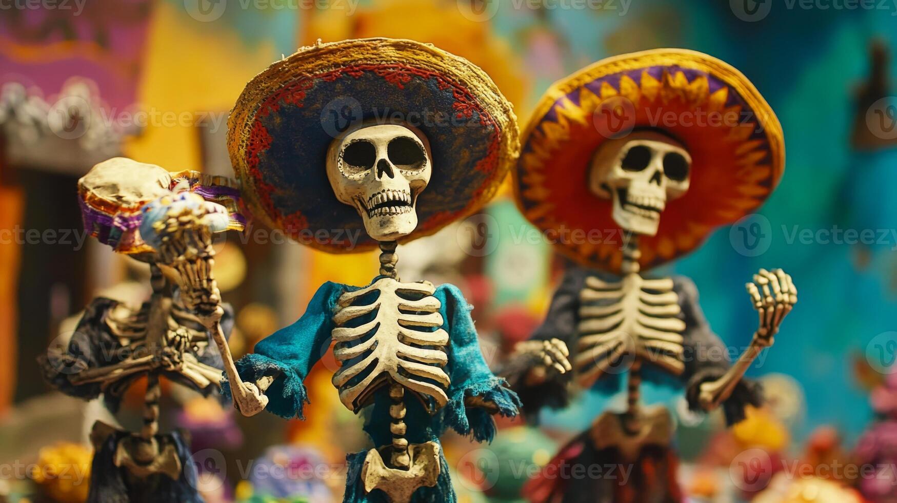 Two Skeletons Wearing Sombreros and Traditional Mexican Clothing photo