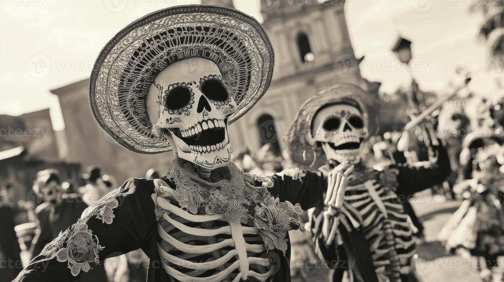 Two Skeletons in Sombreros Dressed for Da de Muertos photo
