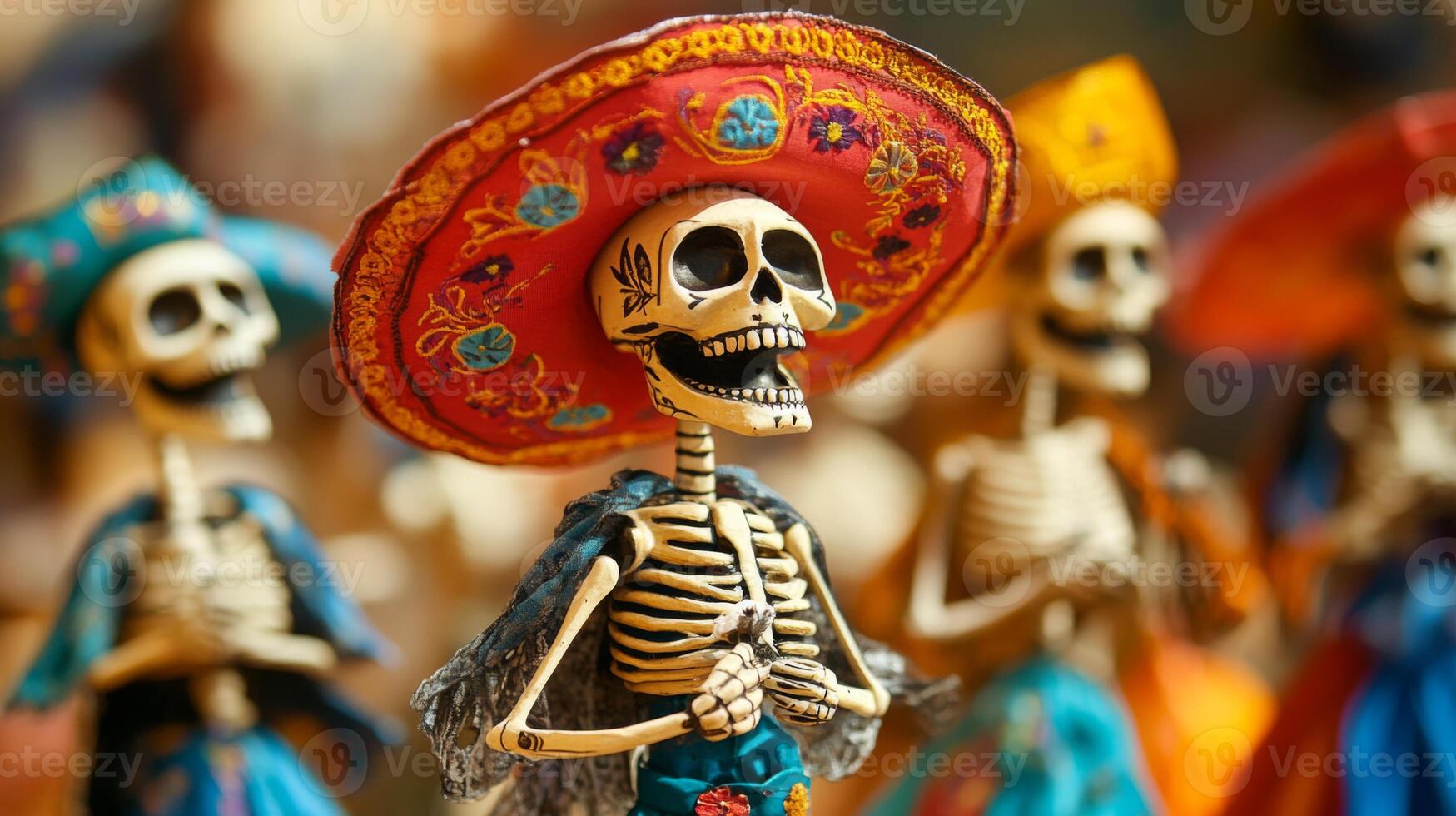 Smiling Skeleton Wearing a Red Sombrero with Colorful Embroidery photo