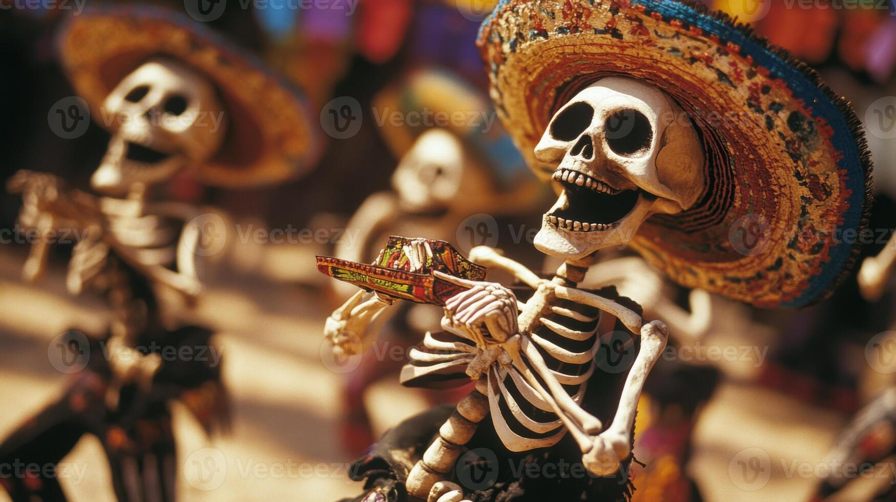 A smiling skeleton wearing a sombrero with colorful decorations photo