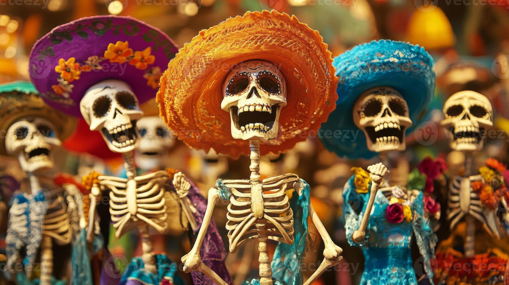 Cheerful Skeletons in Traditional Mexican Sombreros photo
