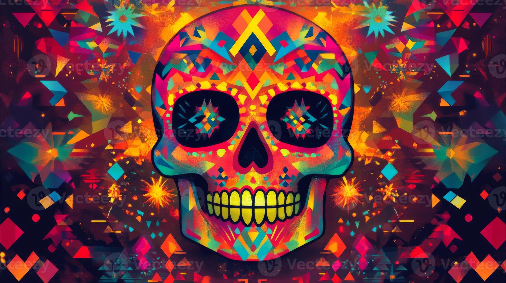 Geometrically patterned sugar skull with teeth against colorful background photo