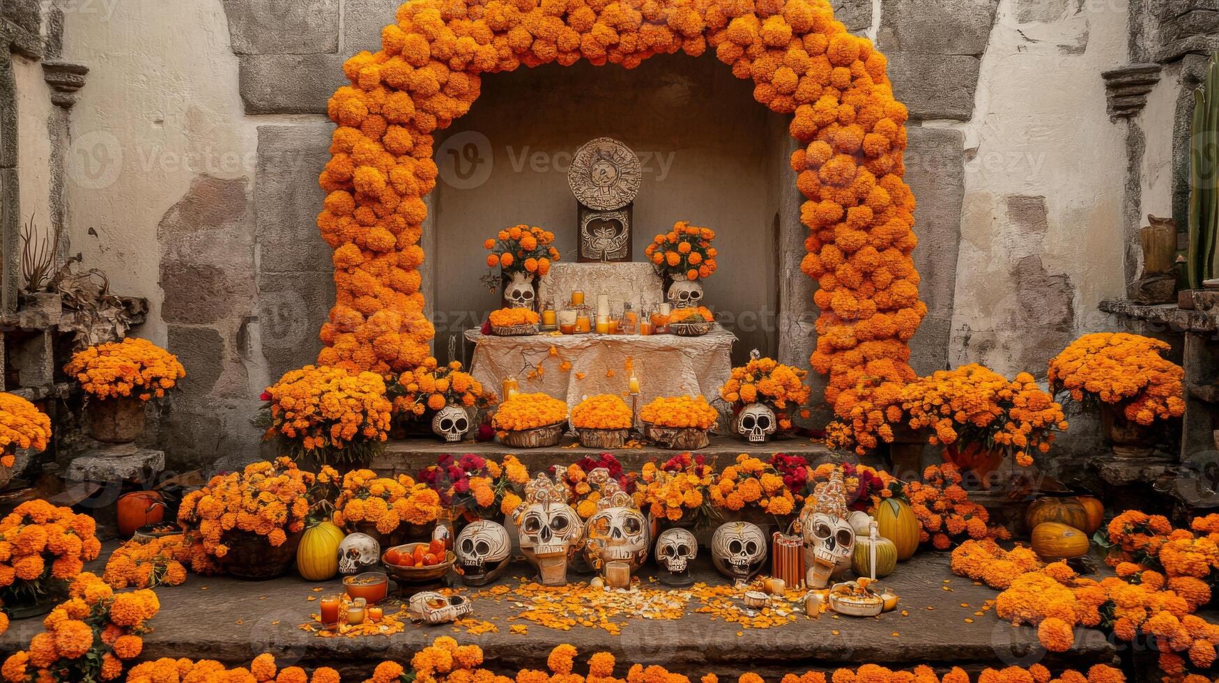 Day of the Dead Altar Decorated with Marigolds and Skulls photo