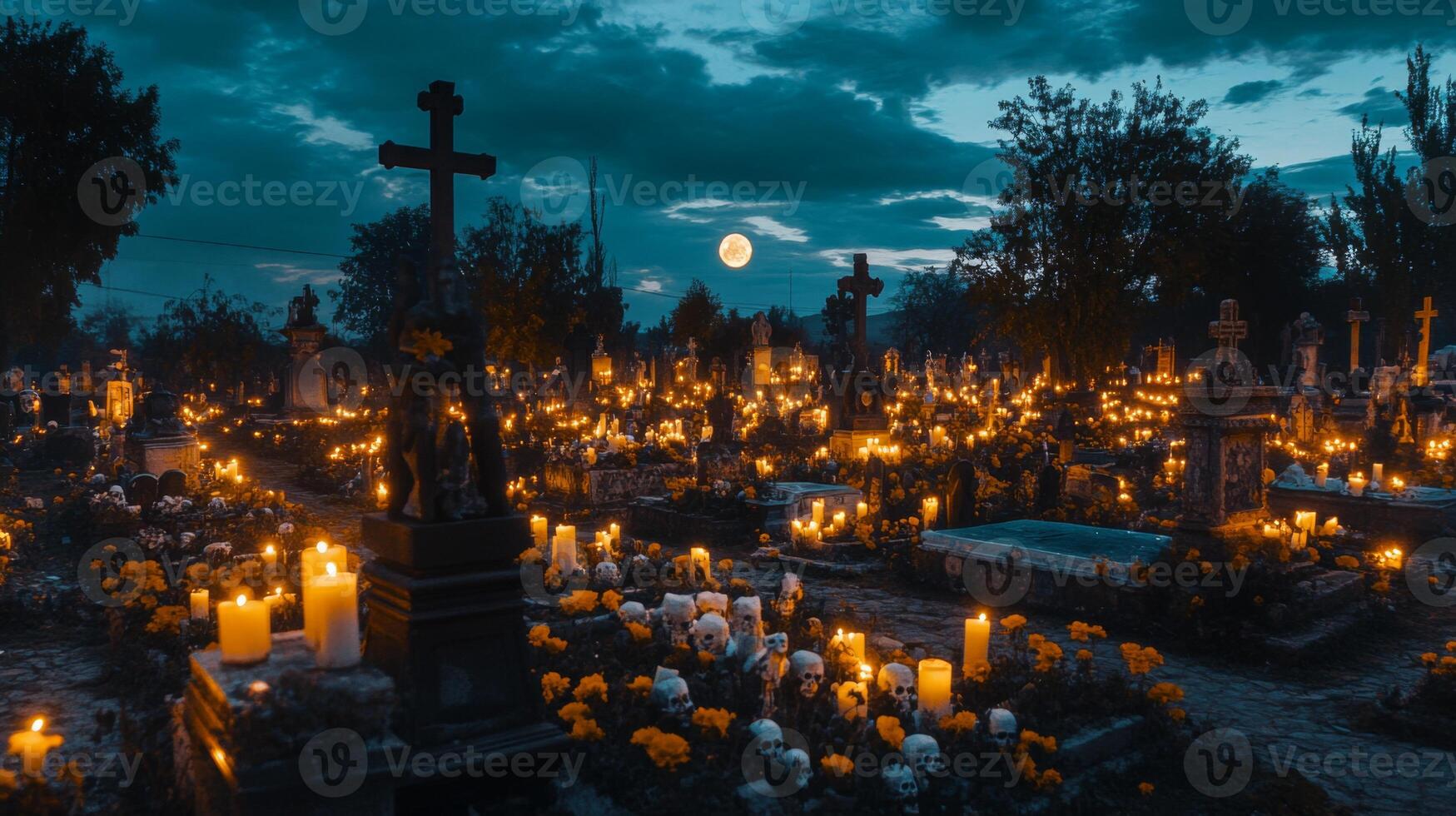 Illuminated Cemetery with Crosses and Candles Under a Full Moon photo