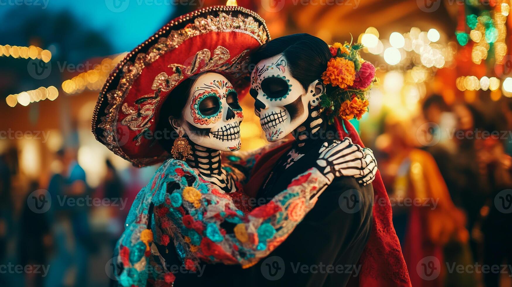 Couple in Day of the Dead Makeup Embrace at Festival photo