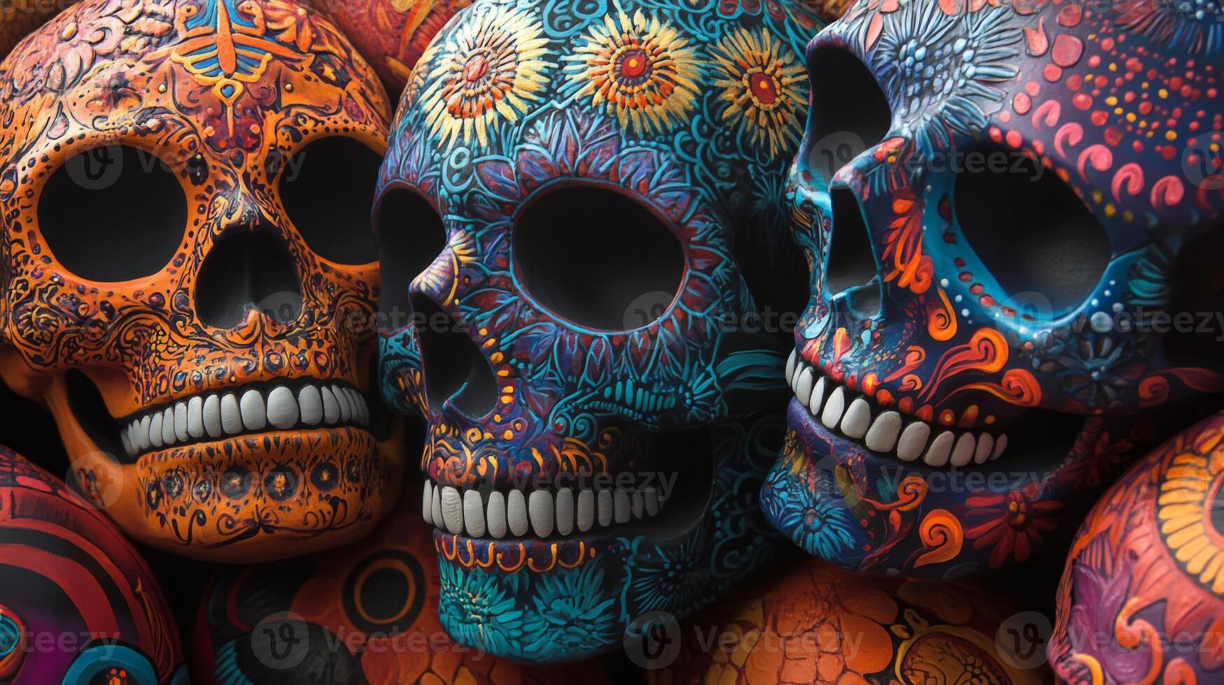 Three Colorful Ornate Skulls, Decorated with Intricate Floral Patterns photo
