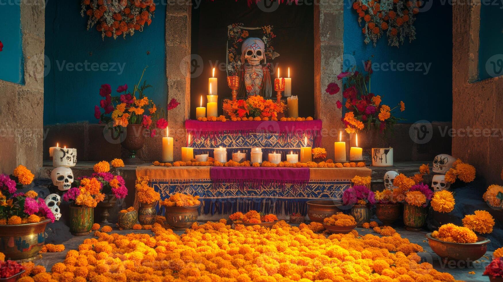 Altar Dedicated to the Day of the Dead with Skulls, Candles, and Marigolds photo