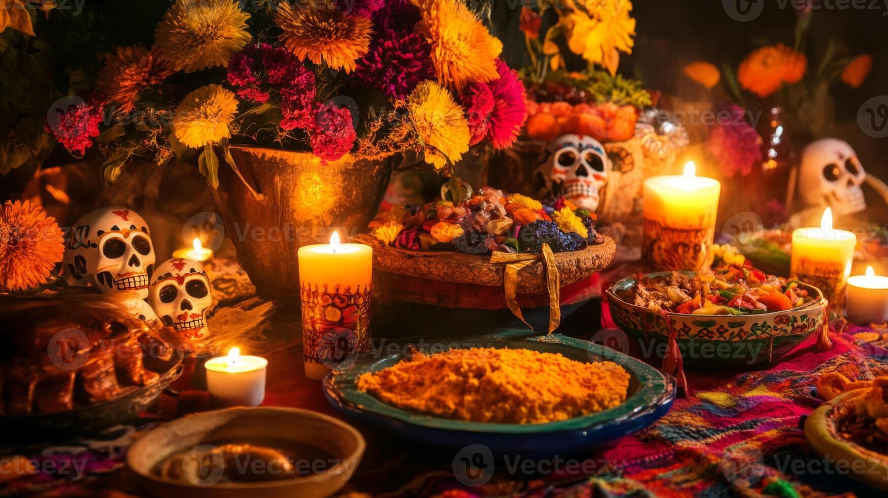 Day of the Dead Altar with Food, Skulls, Flowers, and Candles photo