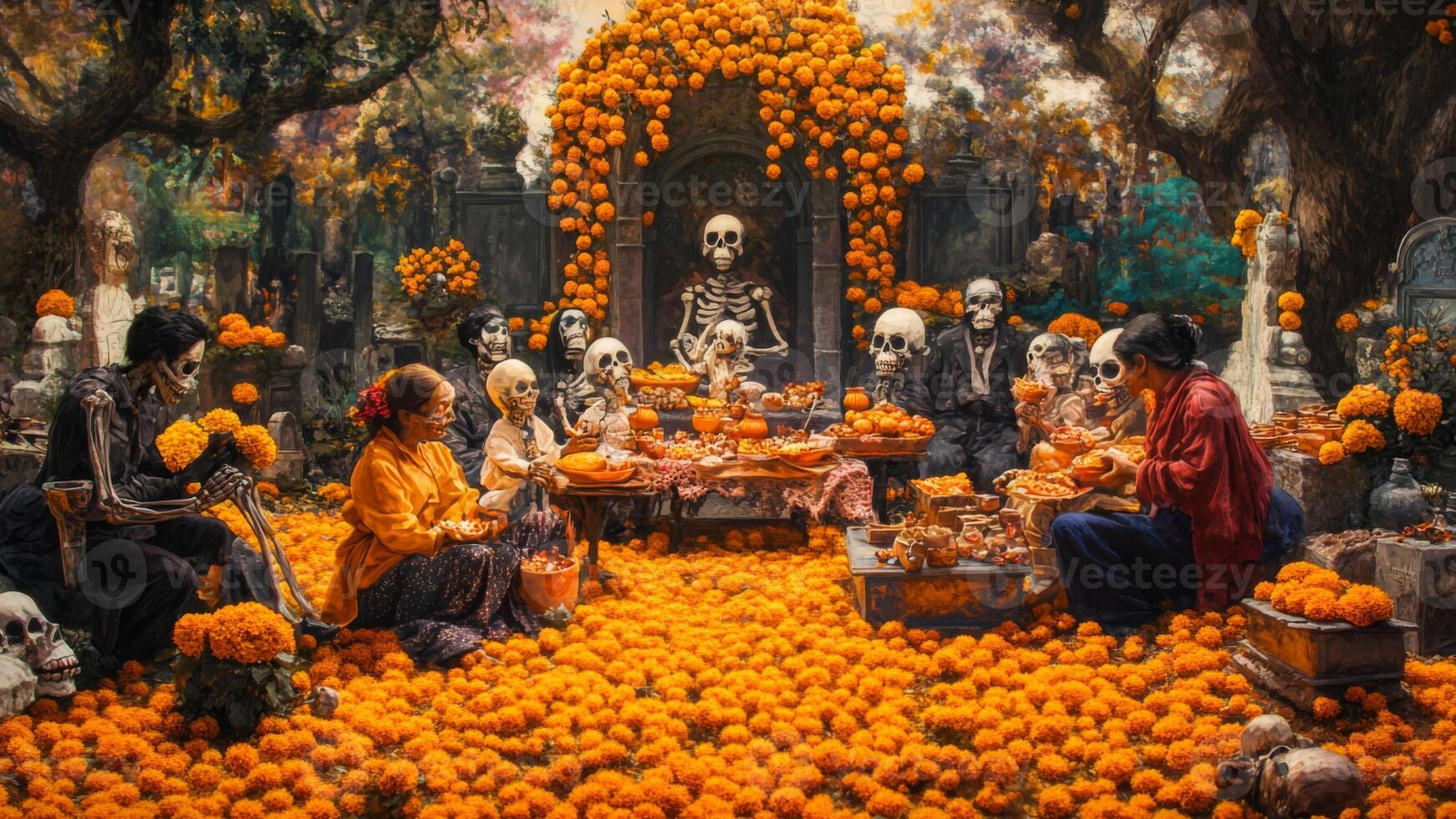 A Day of the Dead Feast with Skeletons and Marigolds photo
