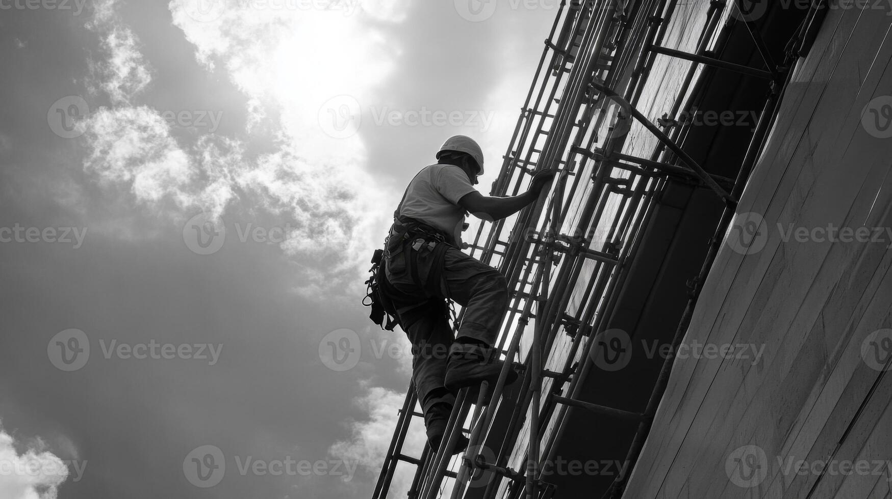 Construction Worker Ascending Scaffolding Against Cloudy Sky photo