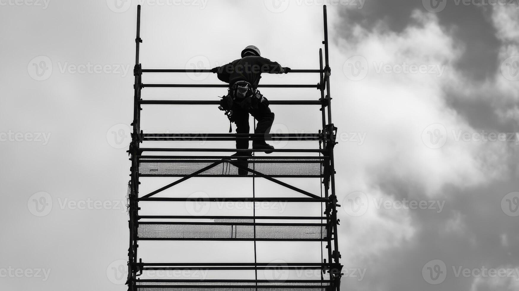 Silhouette of a construction worker on scaffolding against a cloudy sky photo