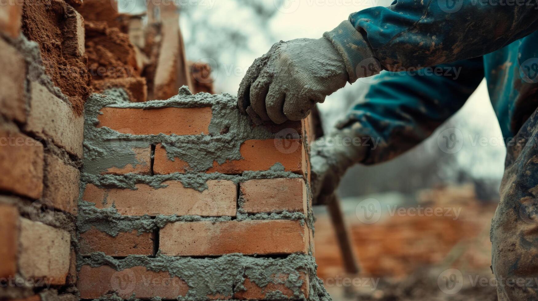 Close-up of a construction worker's hand applying mortar to brick wall photo
