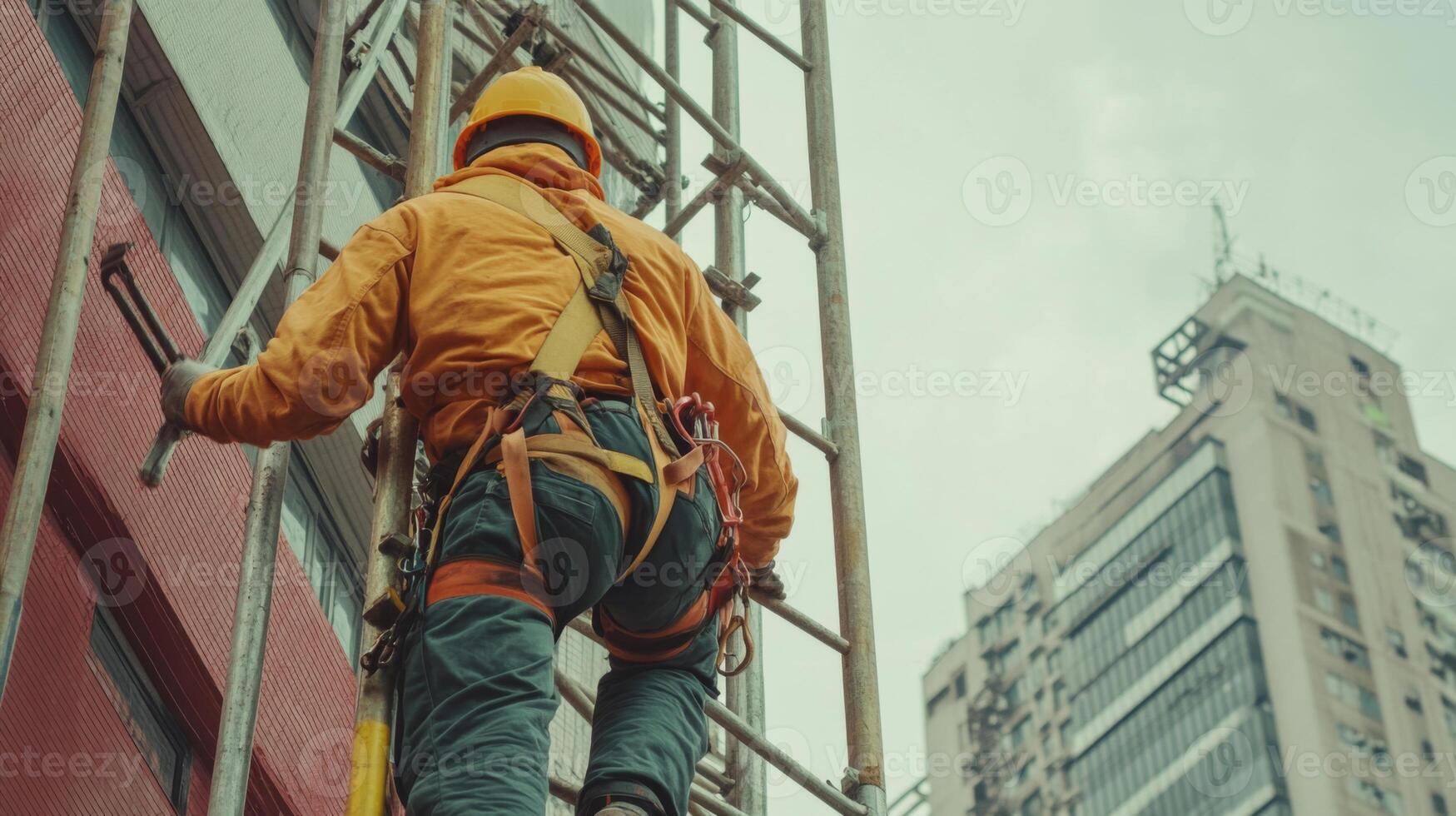 Construction Worker Ascending Scaffolding on Building Facade photo