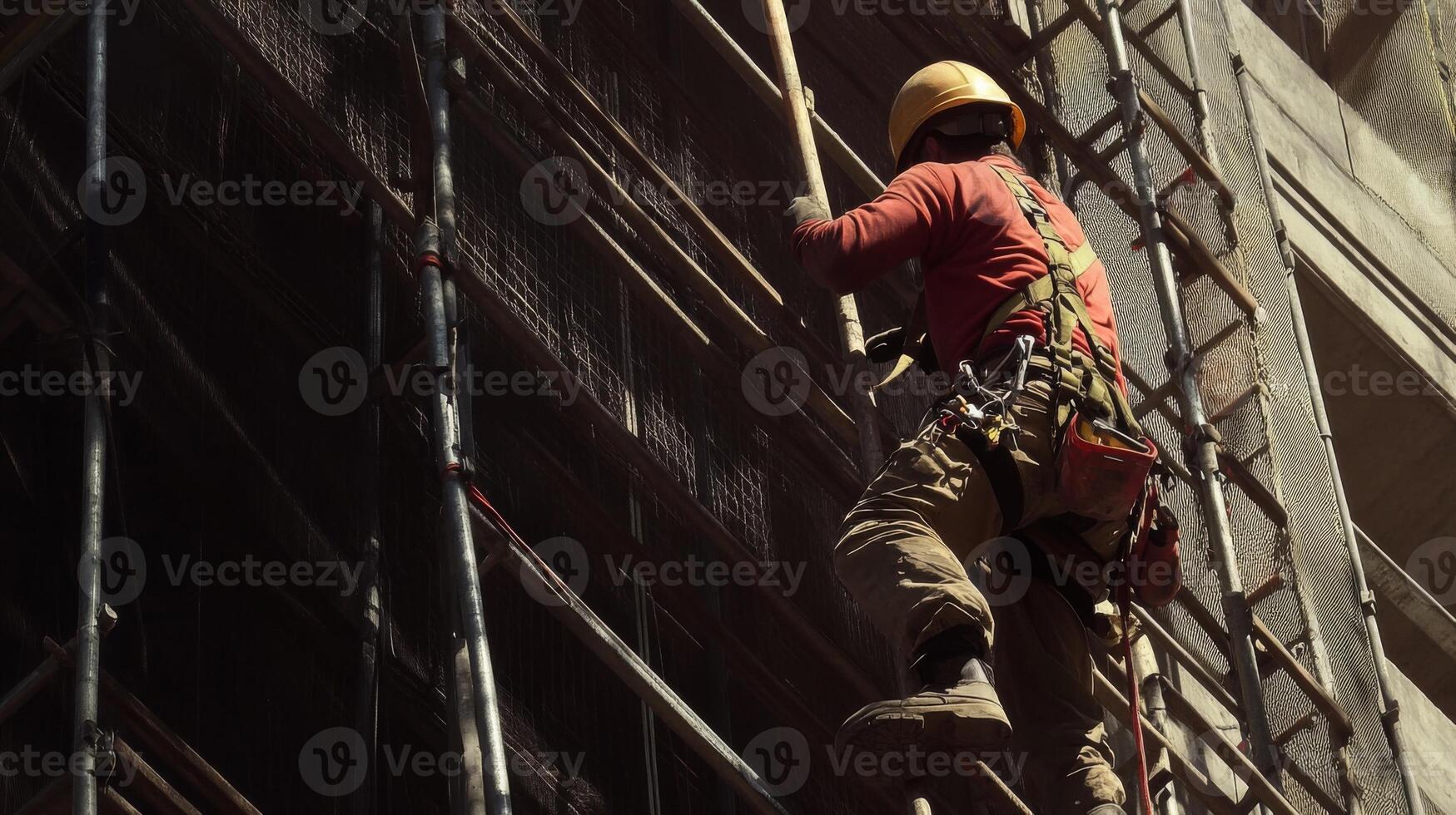 Construction Worker Ascending Scaffolding on Building photo