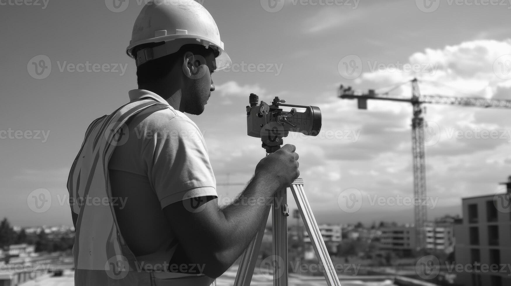 Construction worker using a theodolite on a construction site photo