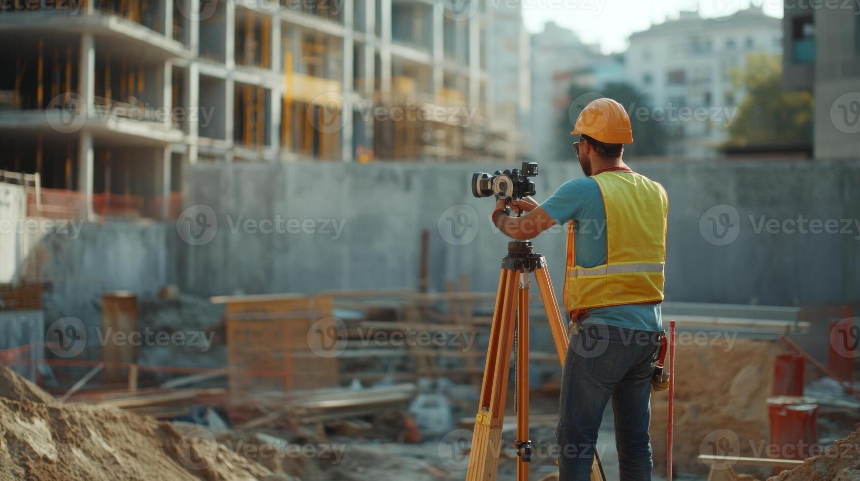 Construction Worker Using Survey Equipment at a Building Site photo