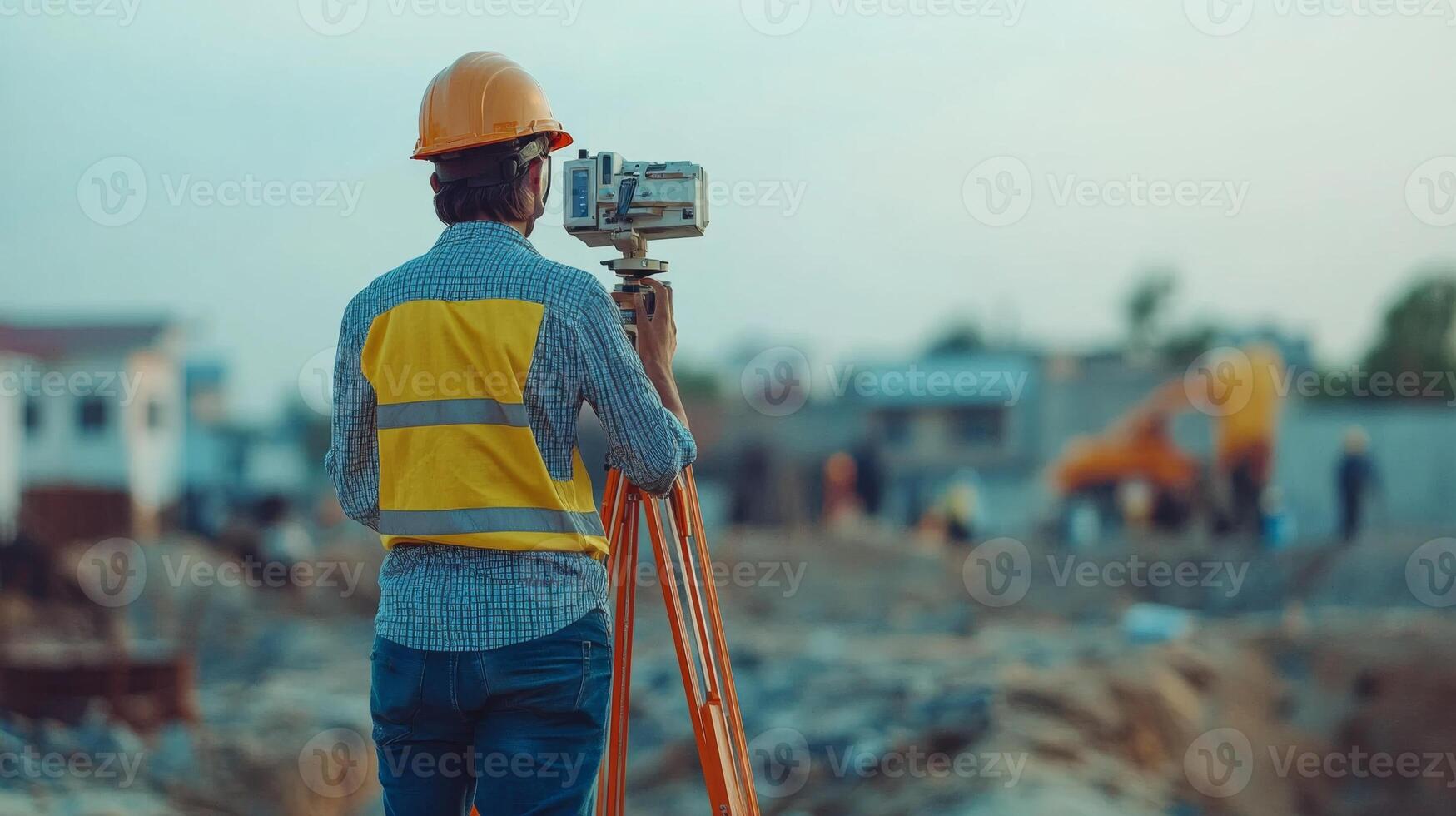 Construction Worker Using a Theodolite for Surveying photo