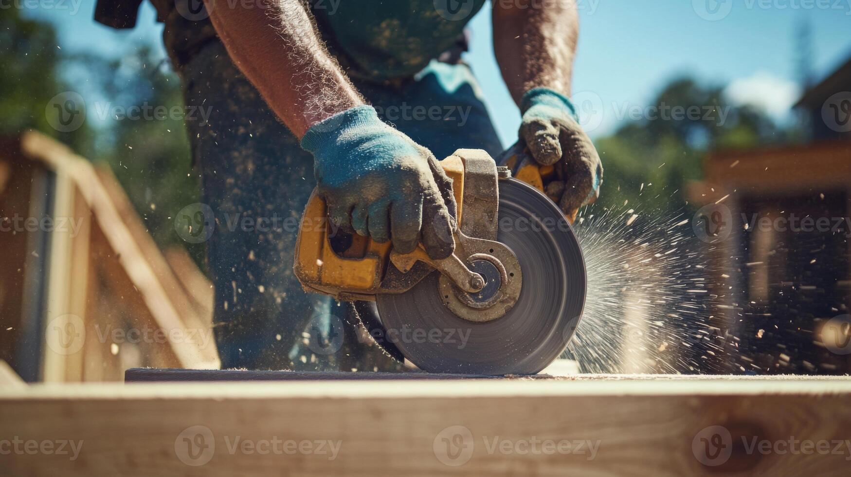 Close-up of a Construction Worker Using a Circular Saw on a Wooden Beam photo