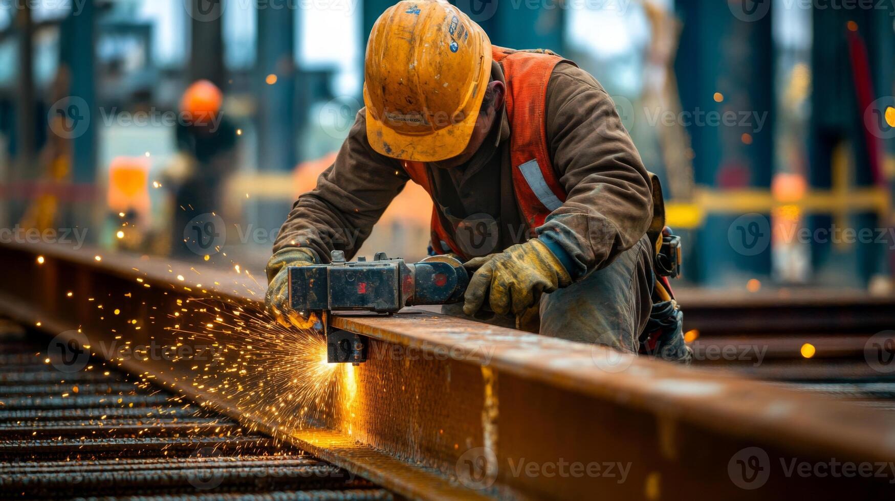 Construction Worker Grinding Metal Beam with Sparks Flying photo