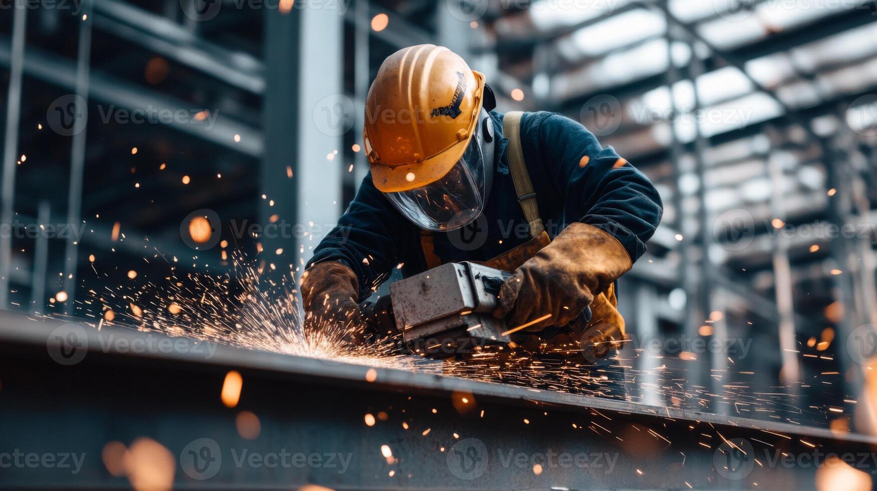 A Worker Wearing Safety Gear Operates a Grinding Tool, Sparks Fly photo