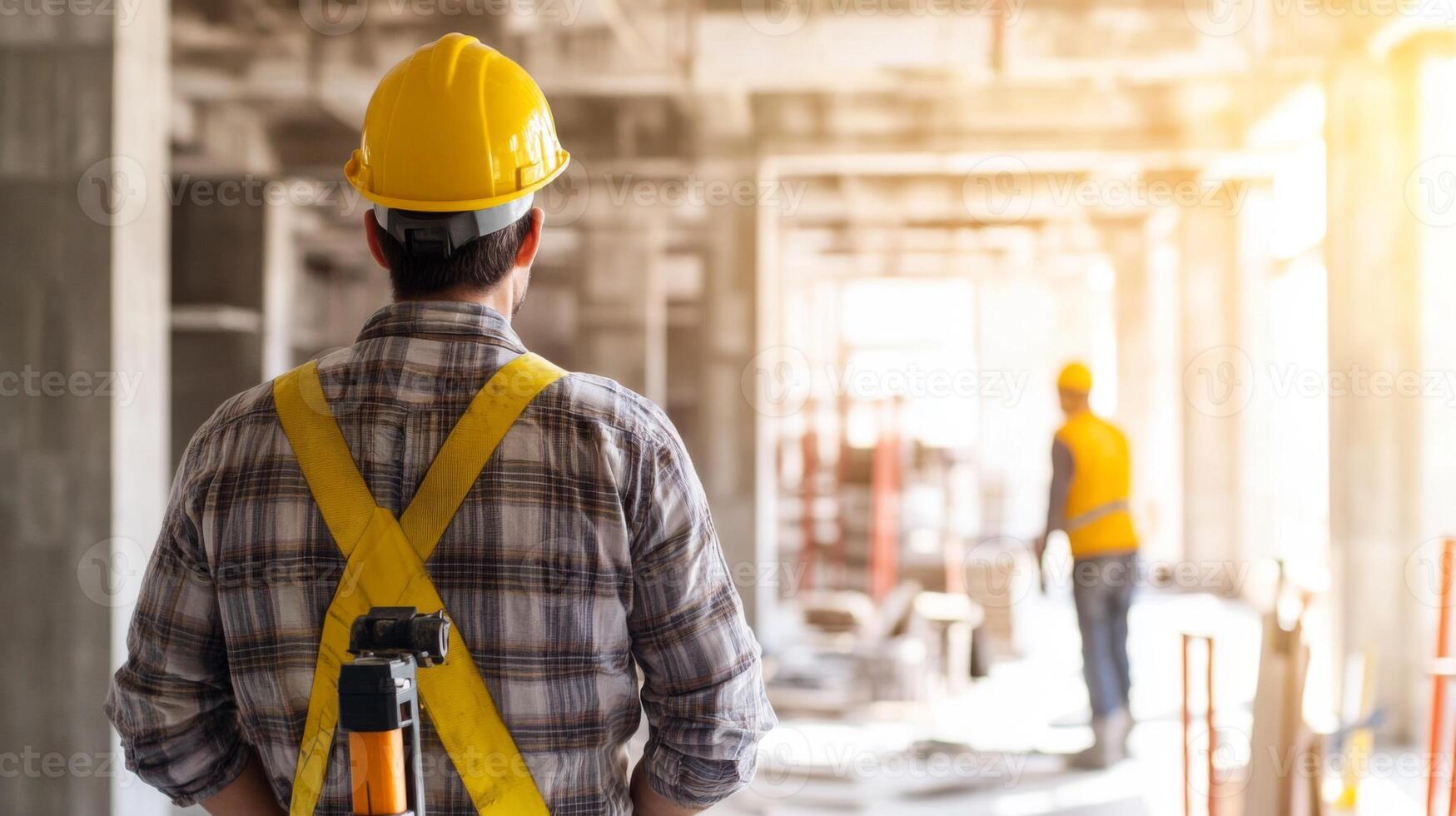 Construction worker in yellow hard hat and safety vest, standing in a partially built room. photo