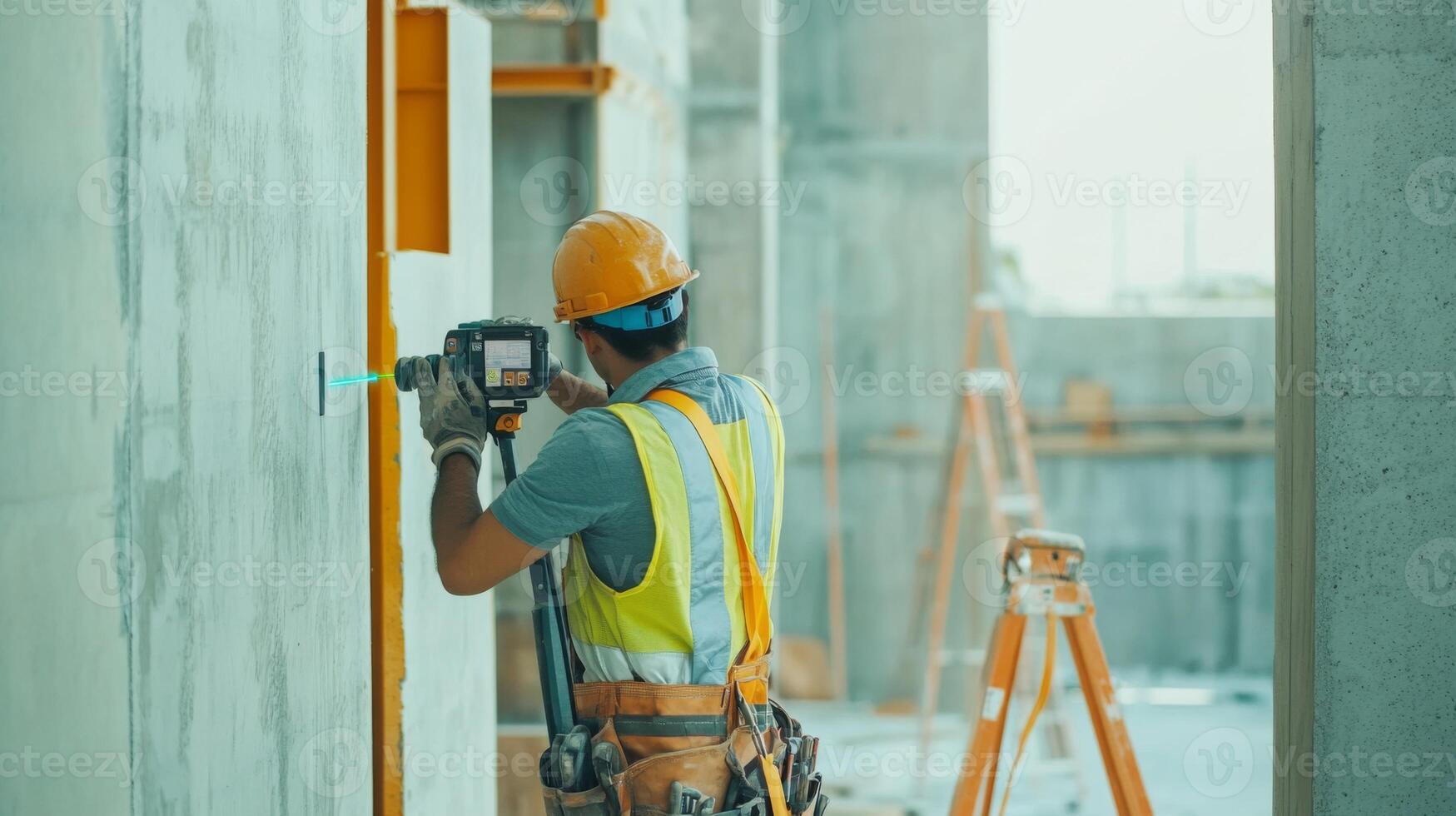 Construction Worker Using Laser Level on Concrete Wall photo