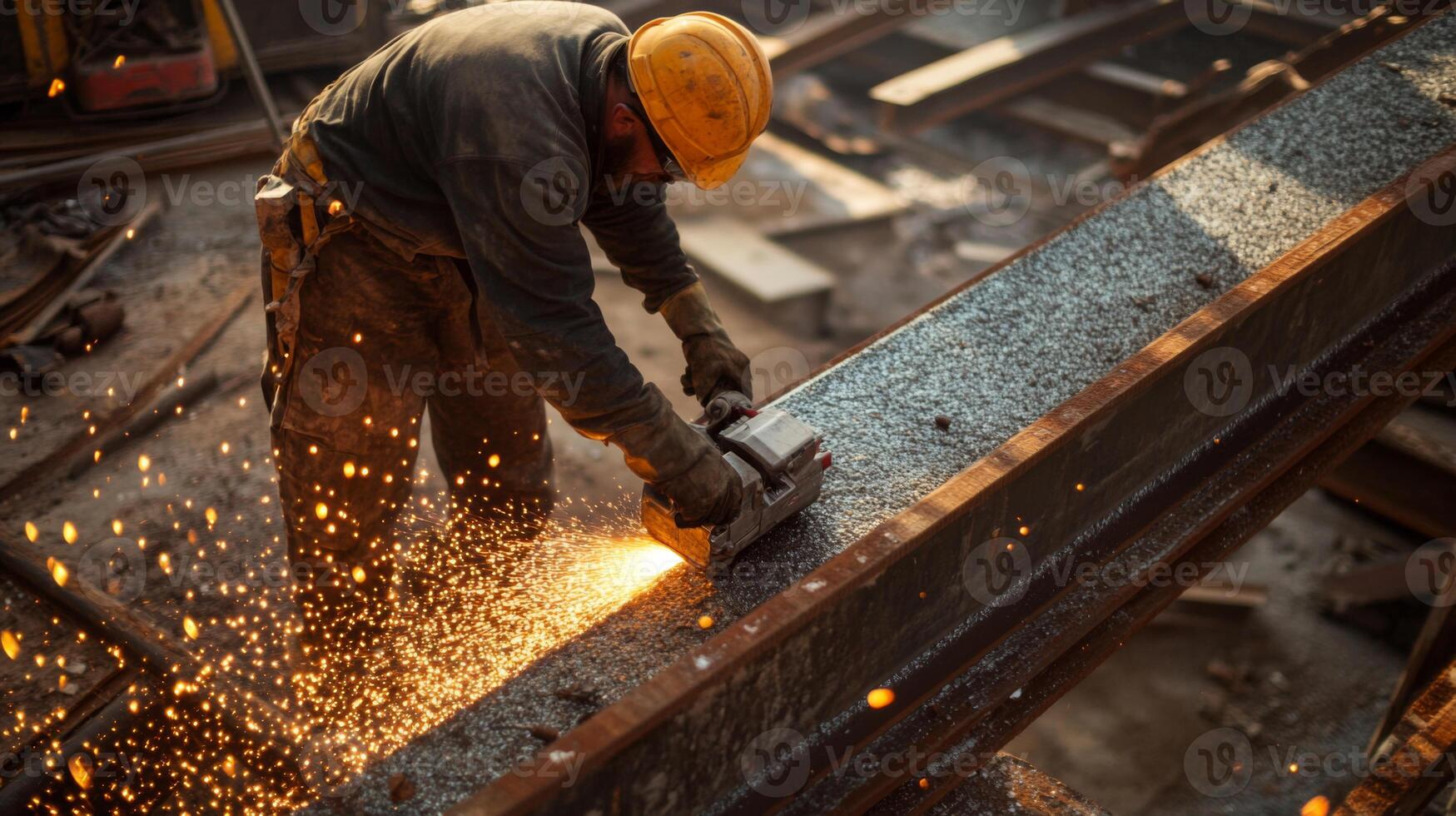 Construction Worker Grinding Steel Beam with Sparks Flying photo
