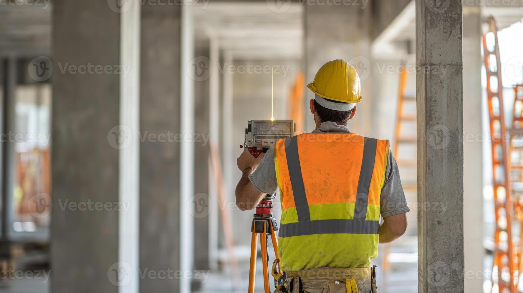 Construction Worker Using a Theodolite in a Concrete Building photo