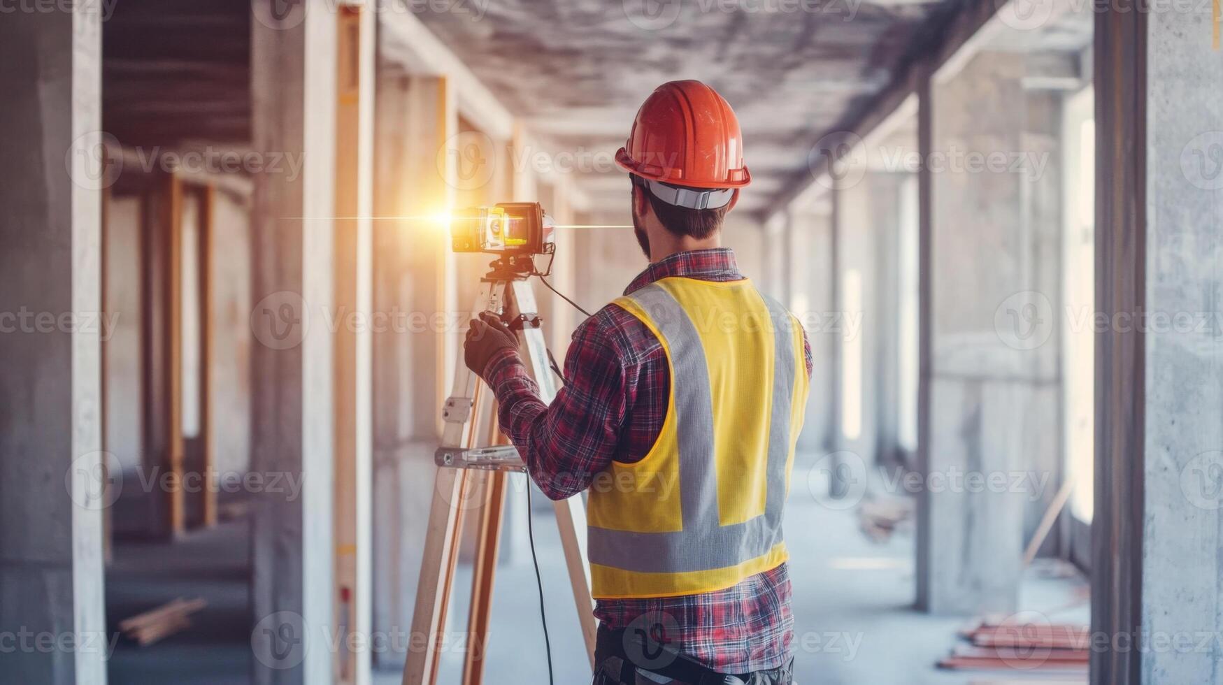 Construction Worker Using Laser Level Inside Building photo
