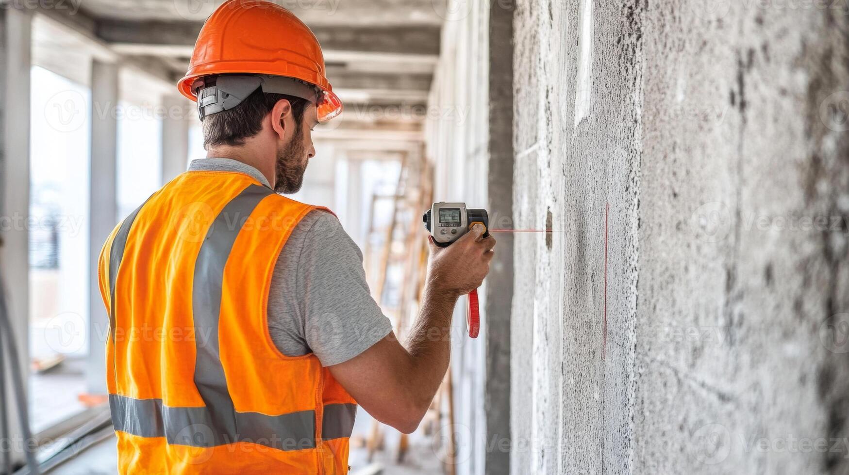 Construction Worker Using Laser Level on Concrete Wall photo