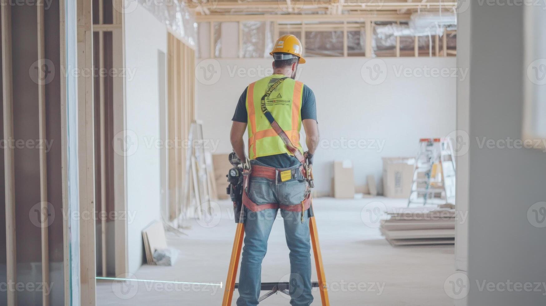 Construction Worker Using Laser Level in Unfinished Room photo