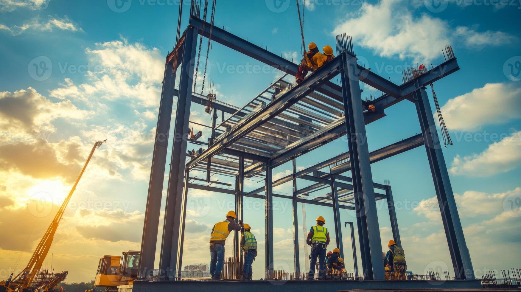 Construction Workers Assembling Steel Beams on a Building Frame photo
