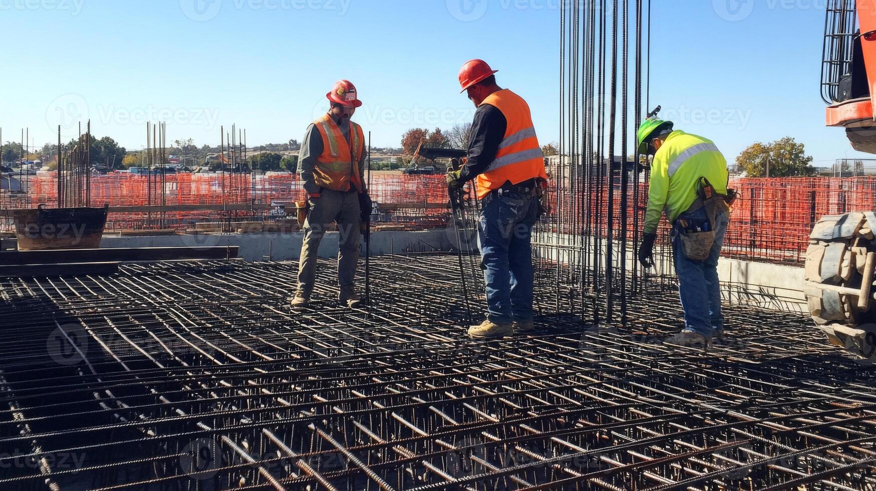 Construction Workers Inspecting Rebar Grid on a Building Site photo