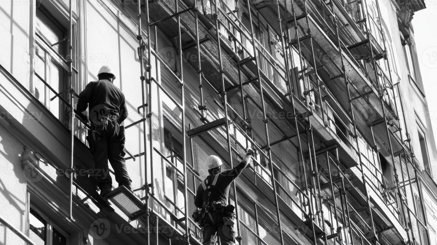Two Construction Workers on Scaffolding During Building Restoration photo