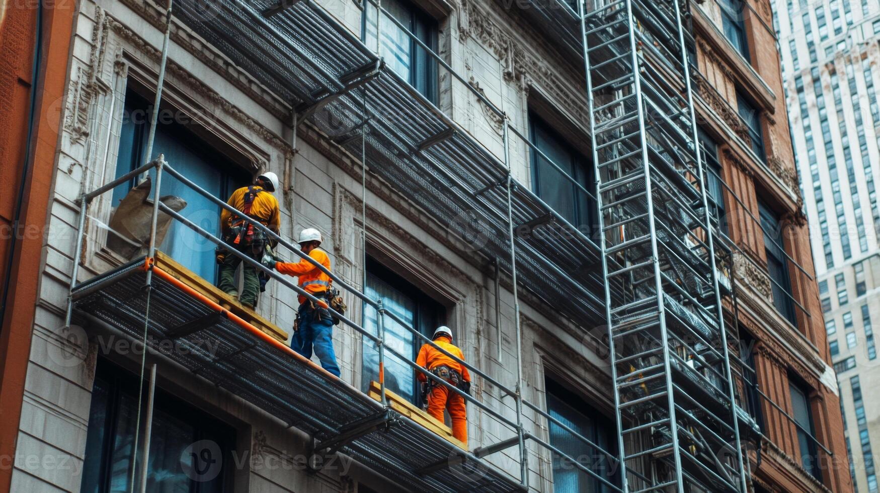 Construction Workers on Scaffolding Repairing a Building Facade photo