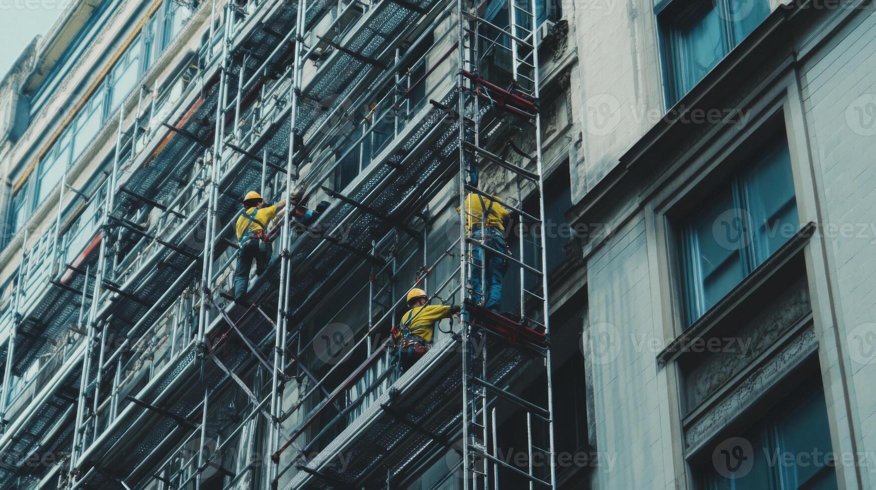 Construction Workers on Scaffolding at a High Rise Building photo