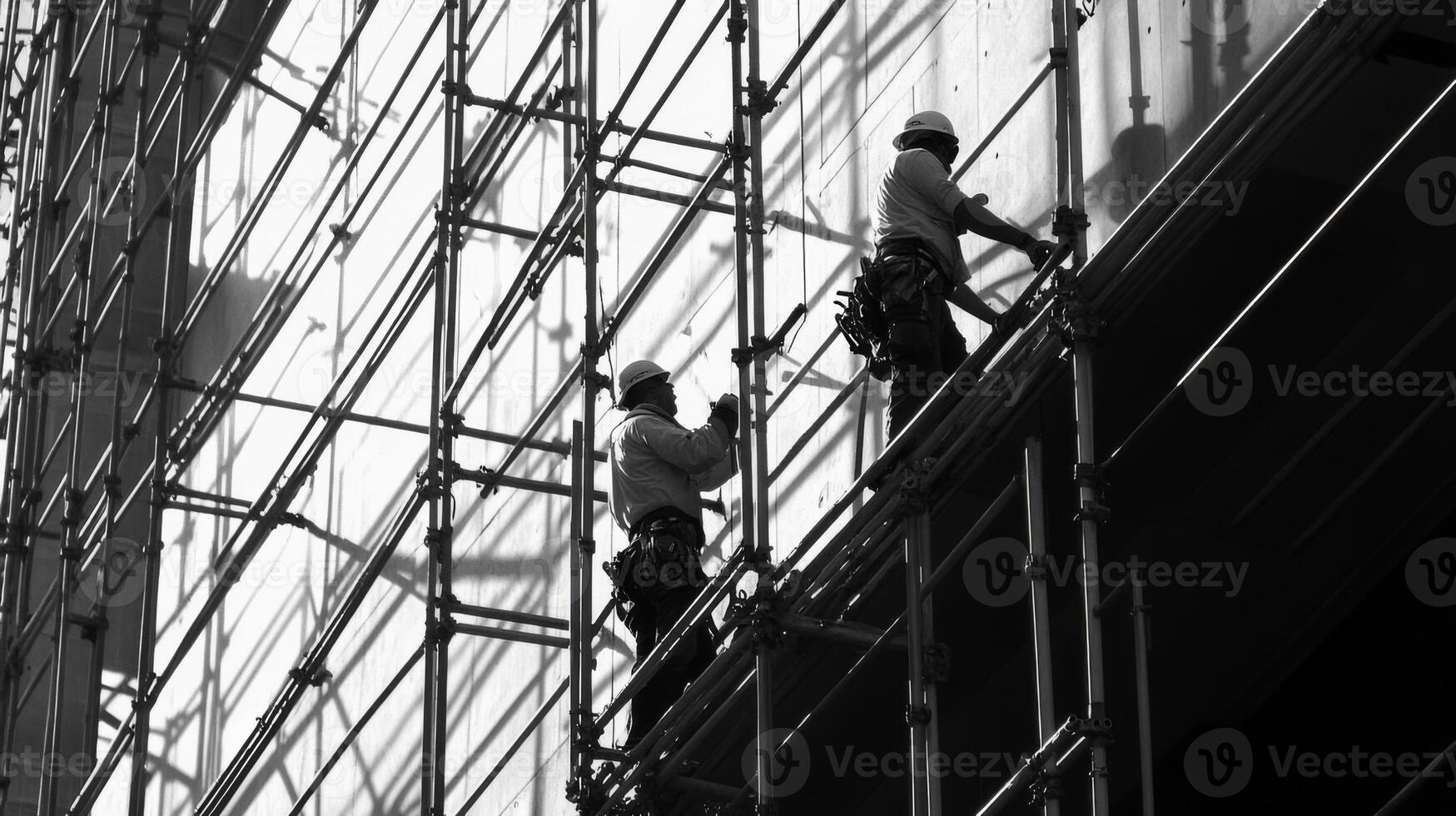 Two Construction Workers on Scaffolding Against a Wall photo