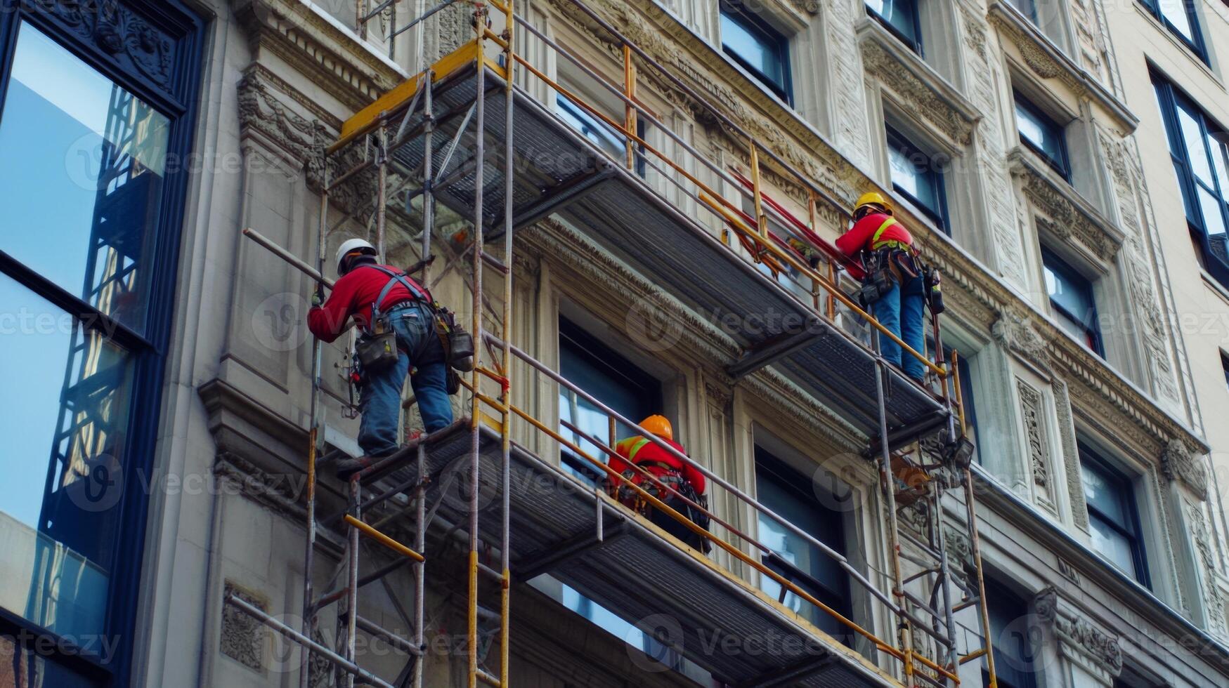 Construction Workers on Scaffolding Cleaning a Building Facade photo