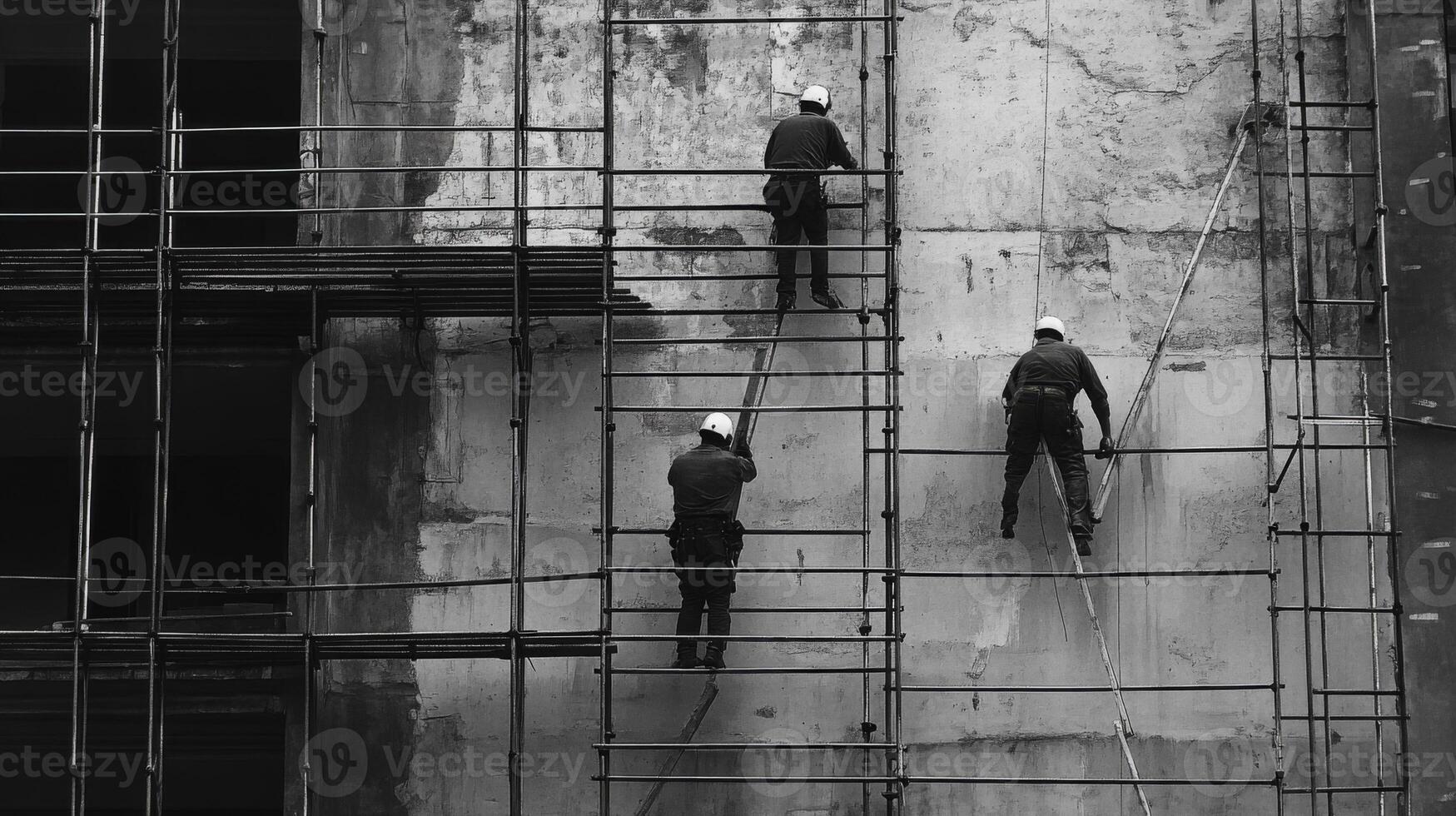 Three Construction Workers on Scaffolding Against a Weathered Wall photo